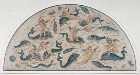 Amor, delfiner og havliv fra Utica, Nordafrika (mosaik)